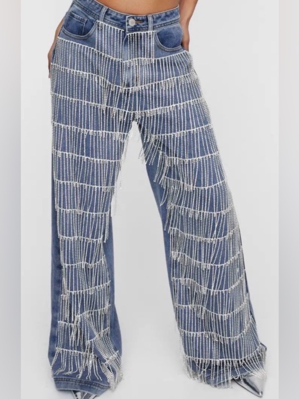 Nasty Gal Blue Denim Wide-Leg Jeans with Rhinestone Fringe NWT Size 4